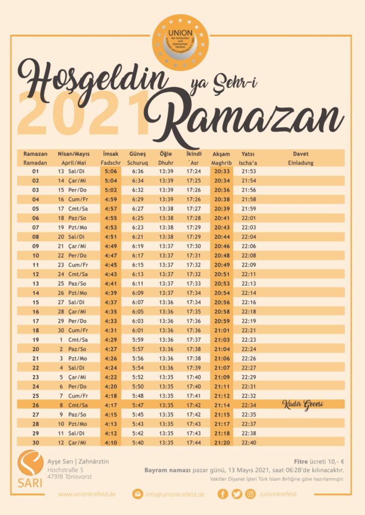 Union Ramadan-Kalender 2021  UNION der Türkischen und Islamischen Vereine  in Krefeld und Umgebung e. V.